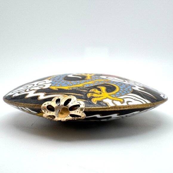Cloisonne Vtg Enamel Dragon Black Bead Clouds Fire 2" Diameter Gold-Tone Trim - Picture 5 of 7